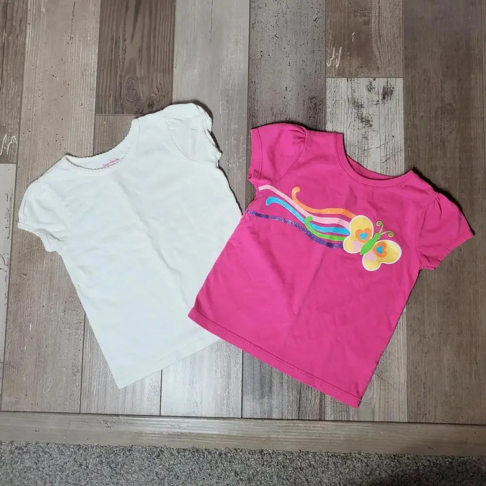 Garanimals Girls 4T Top Bundle - 2 Short Sleeve Shirts - White & Pink Butterfly